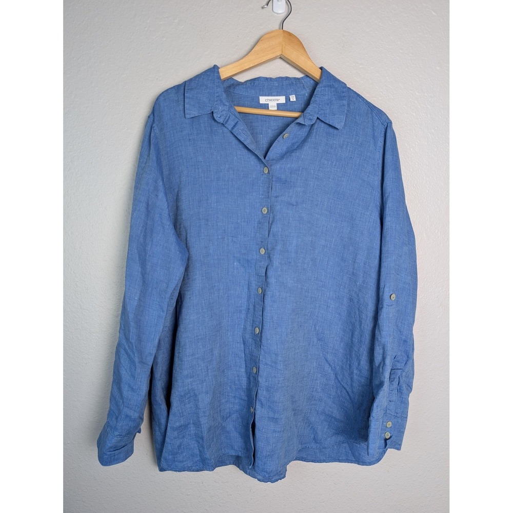 Chico's Tunic Womens 18 Blue Button-Up Linen Roll Tab Sleeve Pockets Relaxed